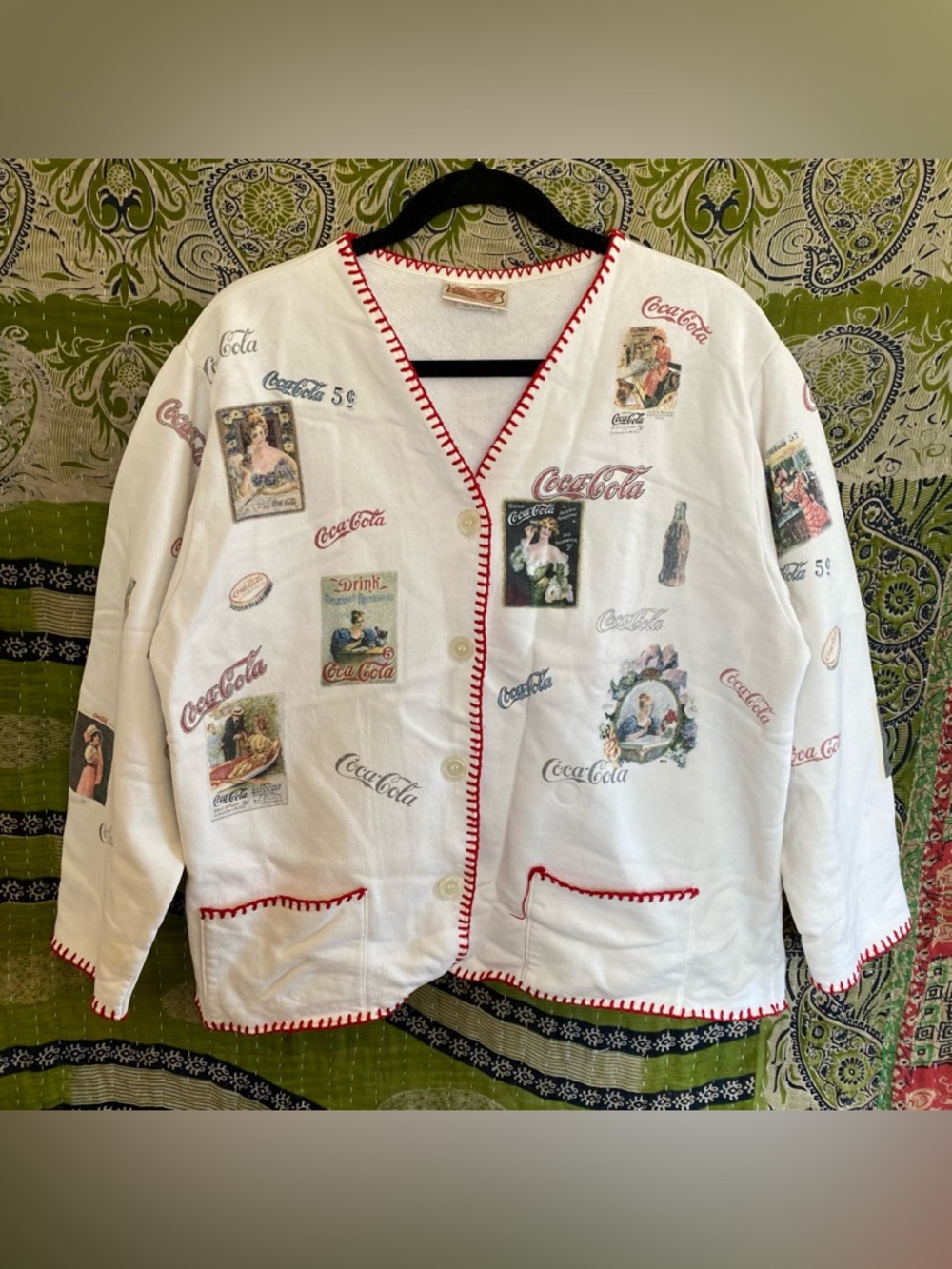Vintage Coca-Cola x Cracker Barrel White Print Cardigan Sweater Size Extra Large